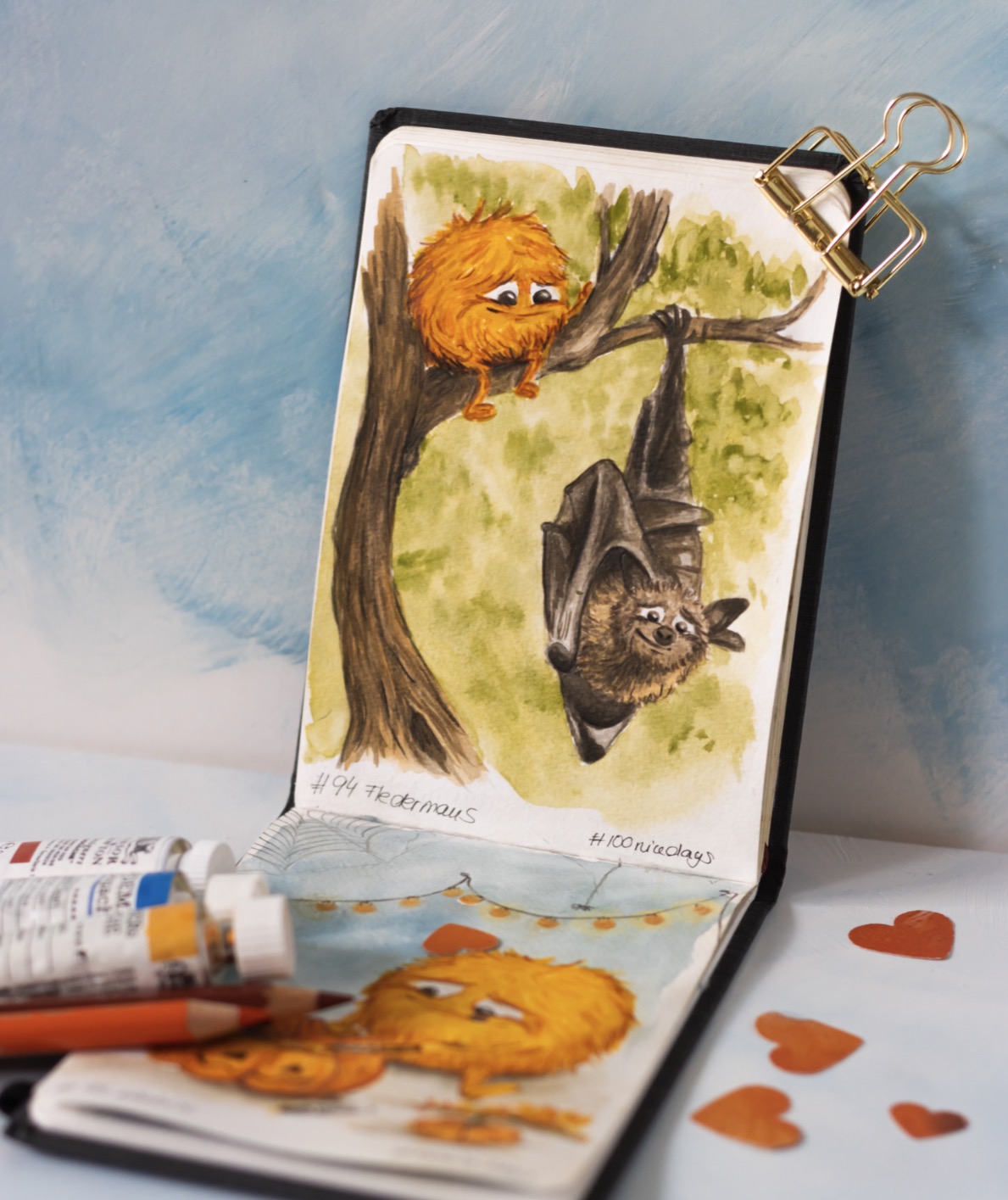Fluffel trifft eine Fledermaus, Gouache