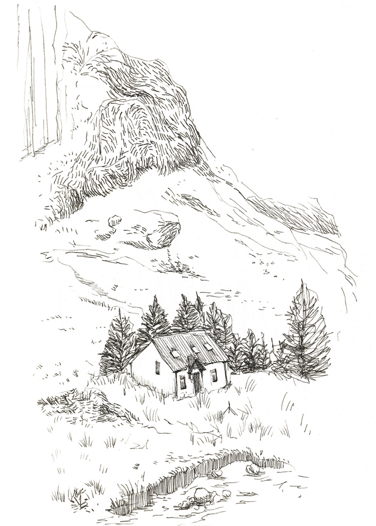 Haus am Berg zwischen Tannen, Fineliner