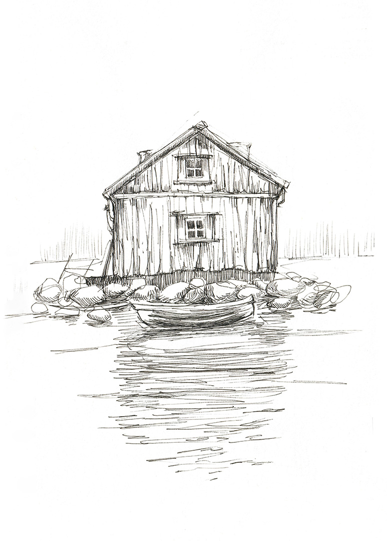 Bootshaus am Wasser mit Ruderboot, Fineliner