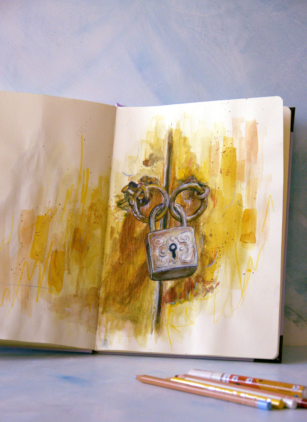Altes Vorhängeschloss im Skizzenbuch, Mixed Media