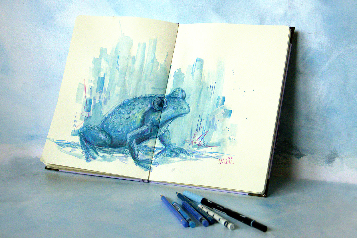 Blauer Frosch im Skizzenbuch, Aquarell