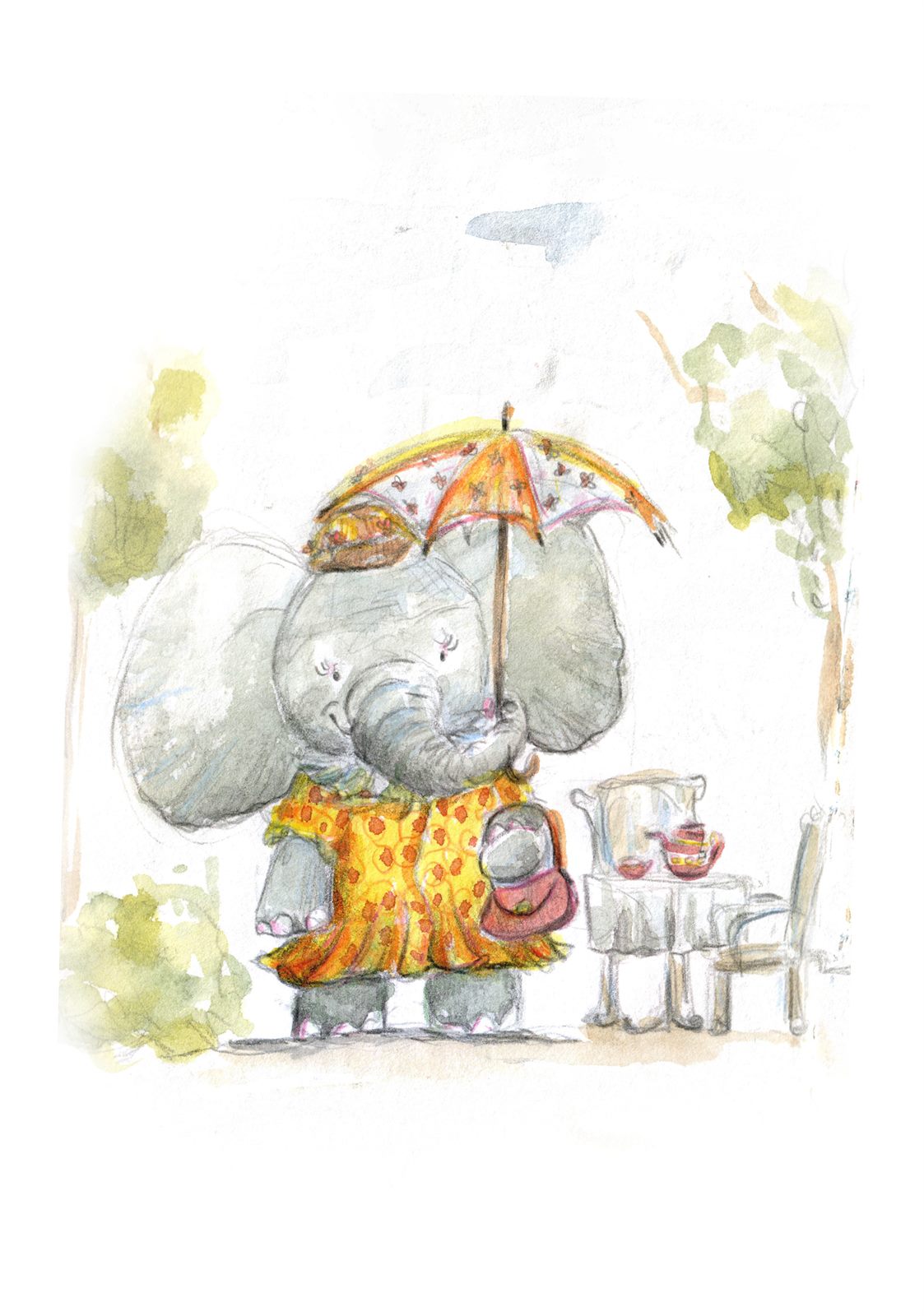 Elefantendame beim Tee, Aquarell