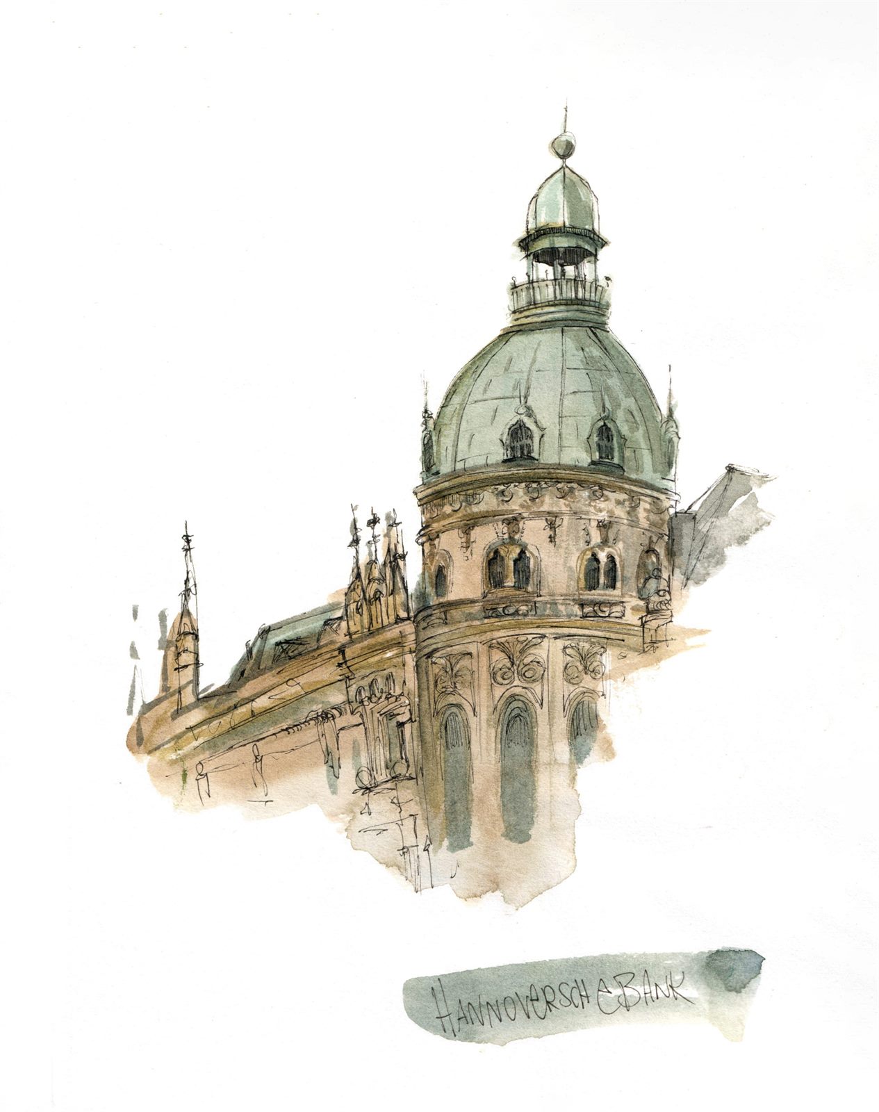 Hannoversche Bank, Urban Sketch mit Aquarell und Tusche