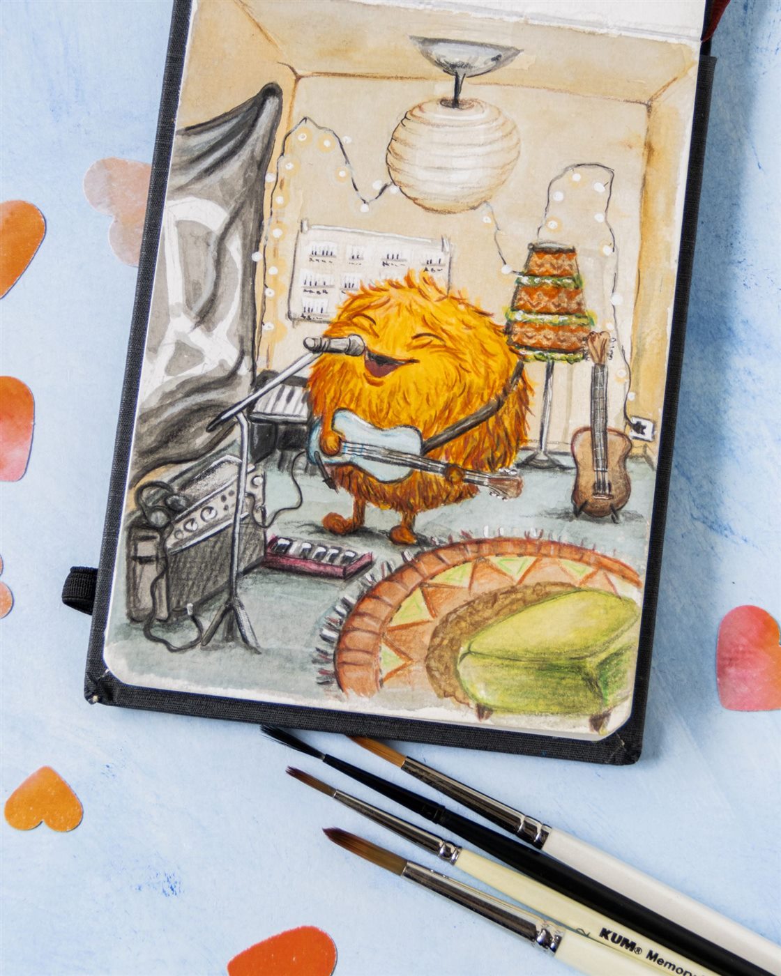Fluffel singt mit Gitarre in seinem Zimmer, Gouache