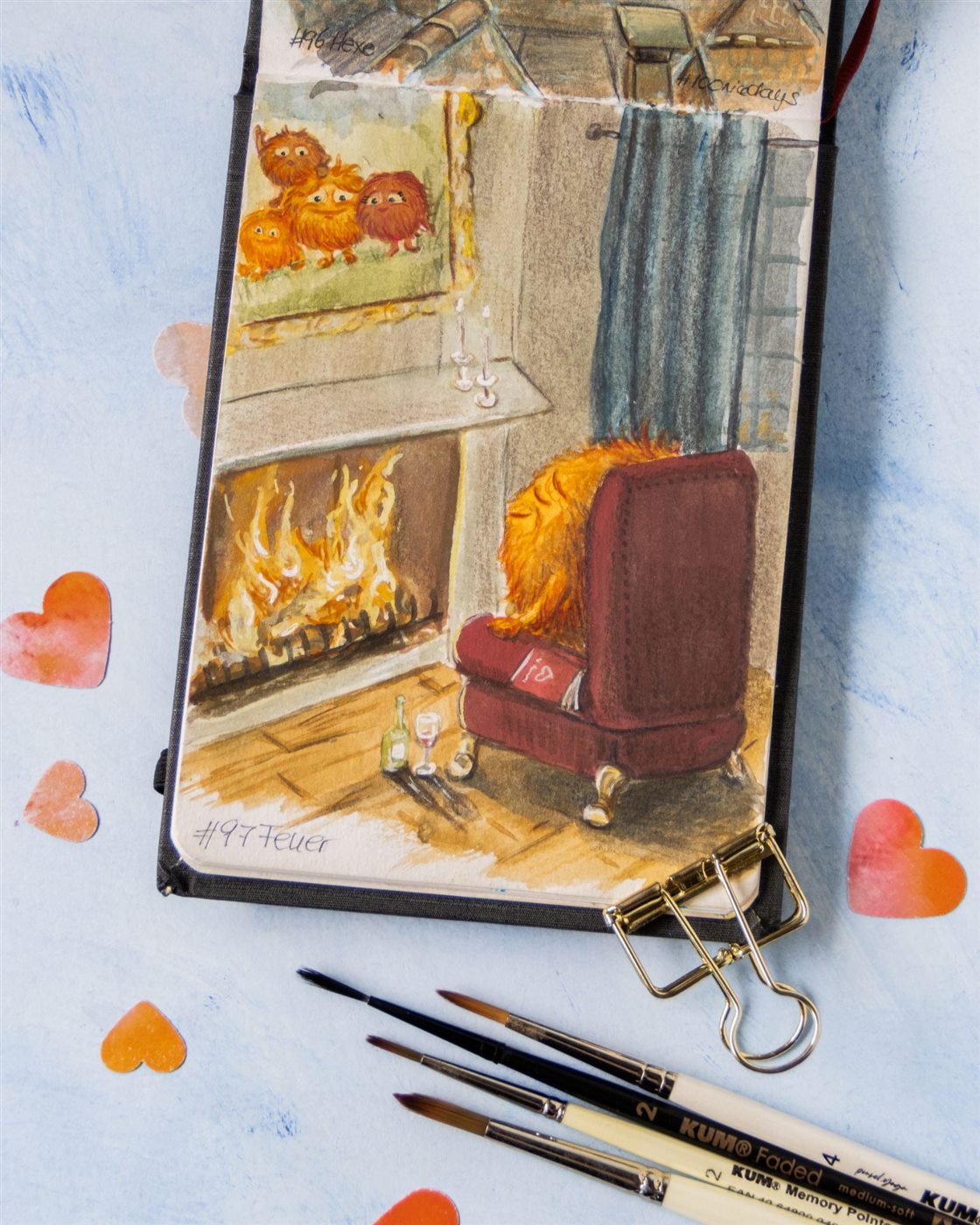 Fluffel am Kamin, Gouache