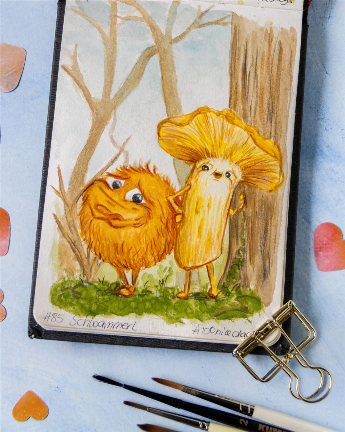 Fluffel und ein Pfifferling im Wald, Gouache
