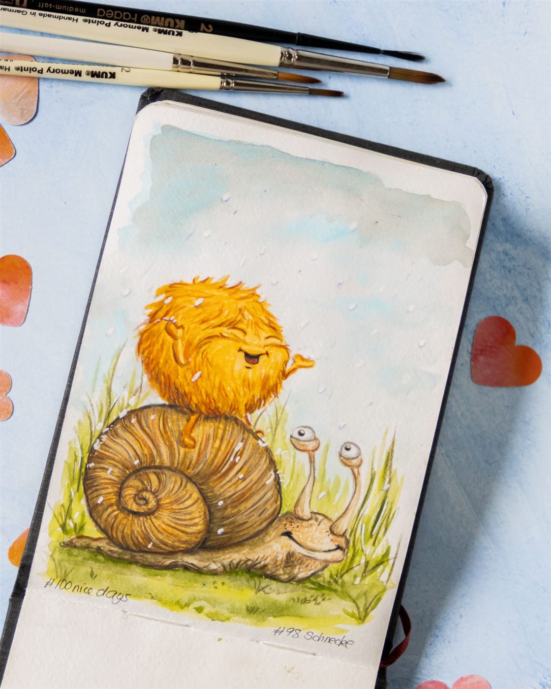Fluffel reitet im Regen auf einer Schnecke, Gouache