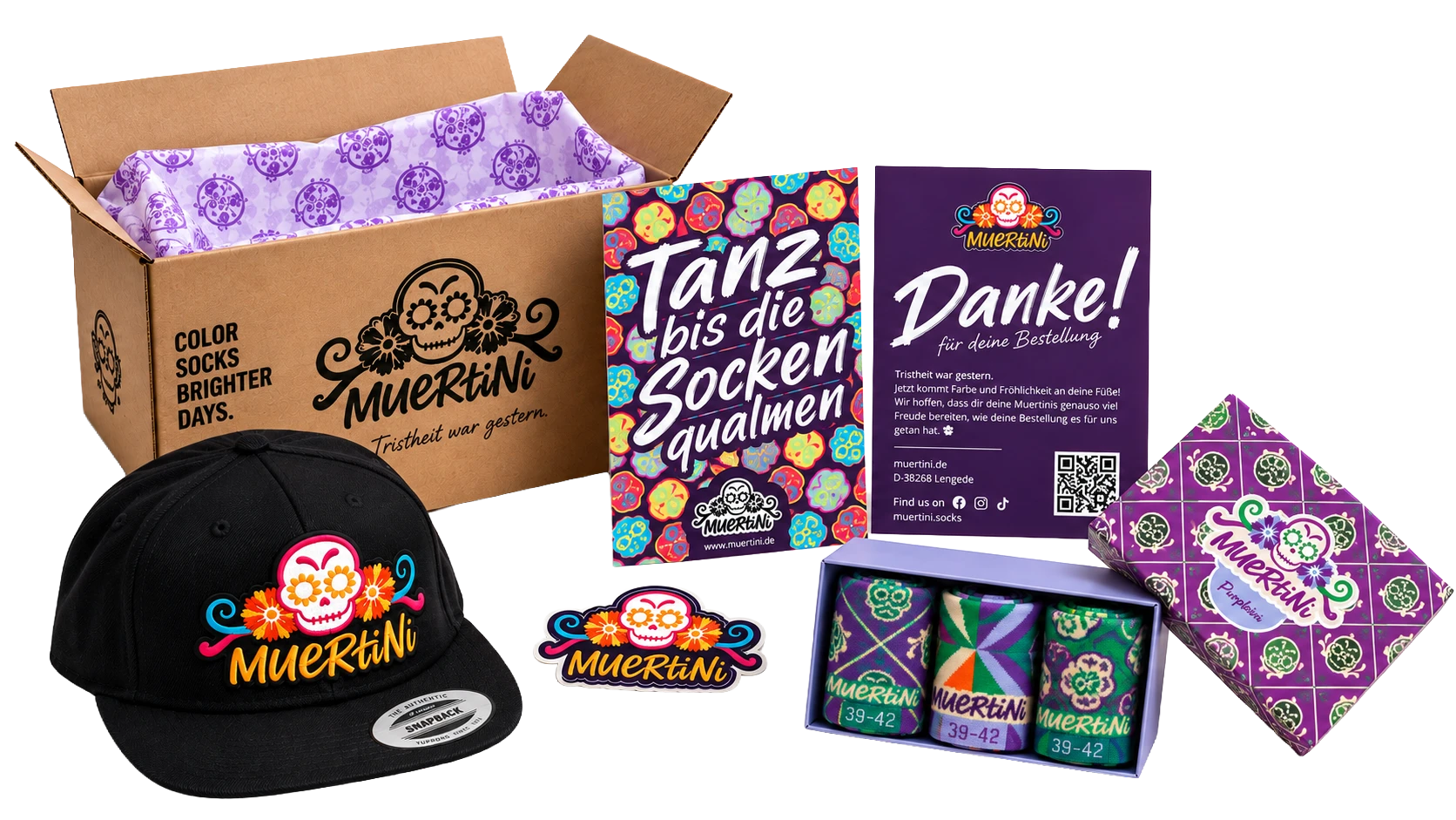 Muertini: Verpackung, Karten und Sticker
