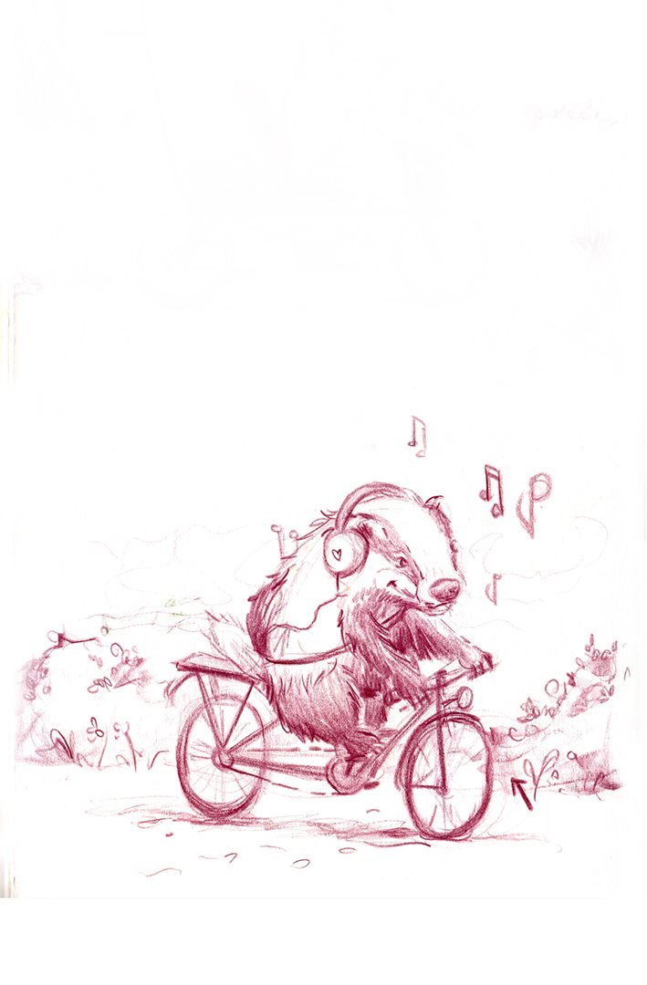 Doris, Dächsin mit Kopfhörern auf dem Fahrrad