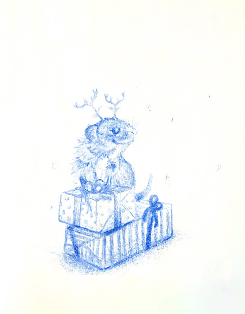 Maus mit Geweih auf Geschenken, Buntstift