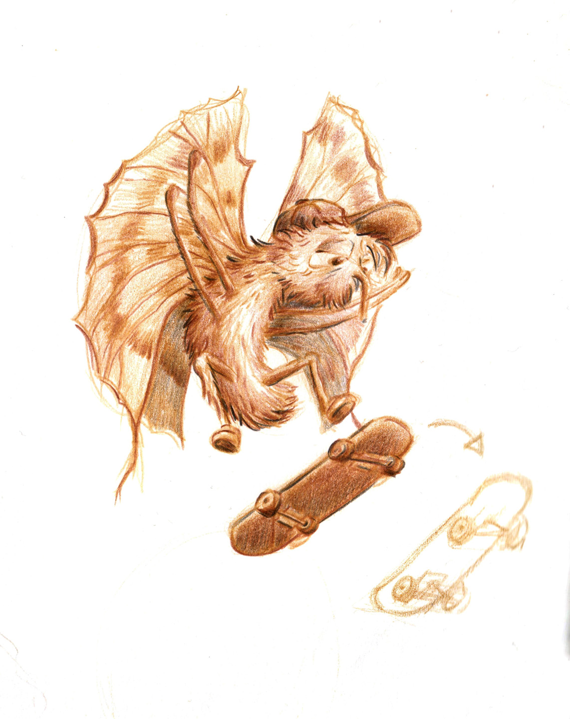 Johnny the Skate, Schmetterling mit Cap macht einen Kickflip auf dem Skateboard, Buntstift